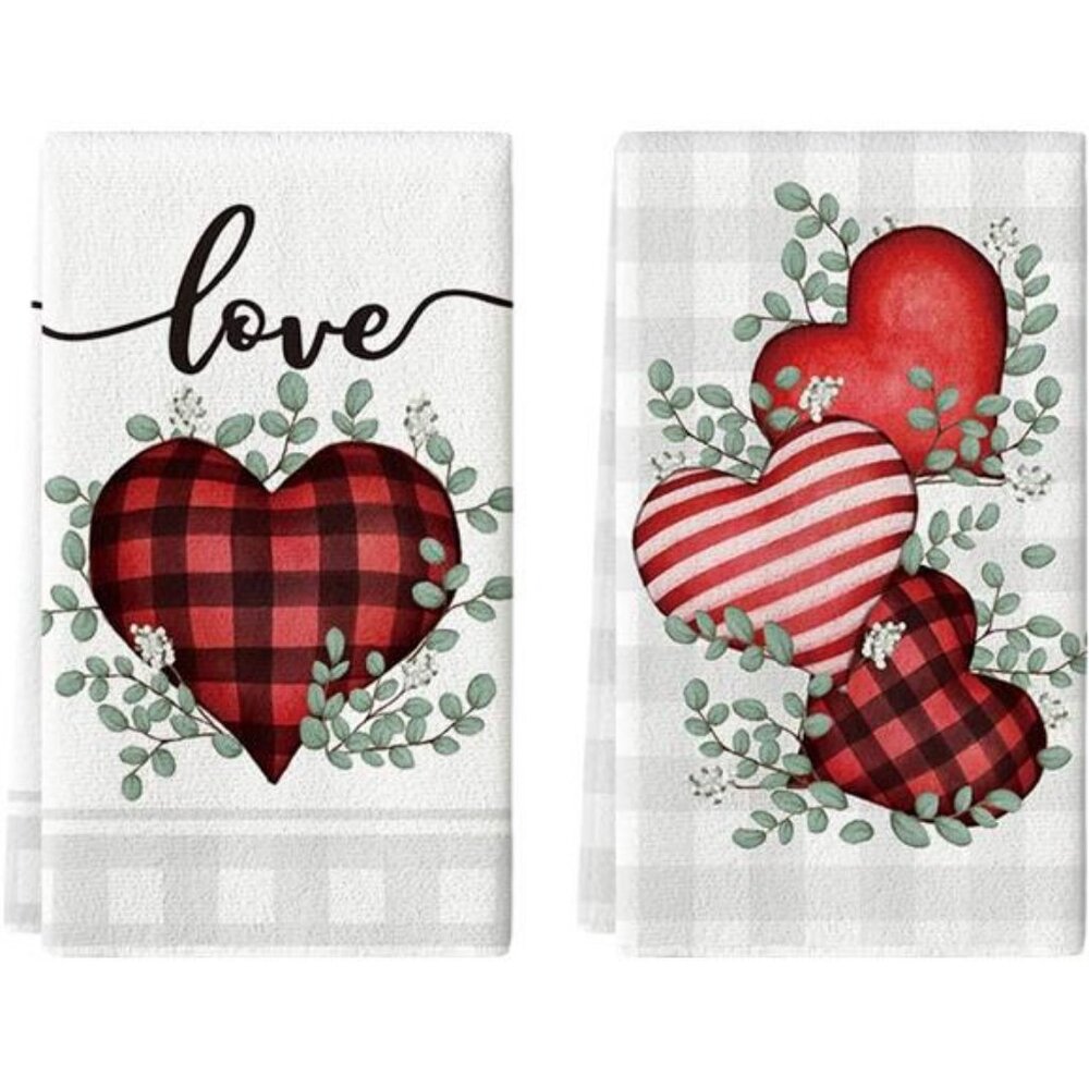 Red Buffalo Plaid Heart Love Valentine's Kitchen Towels 2 Dish 18 X 26 Inches